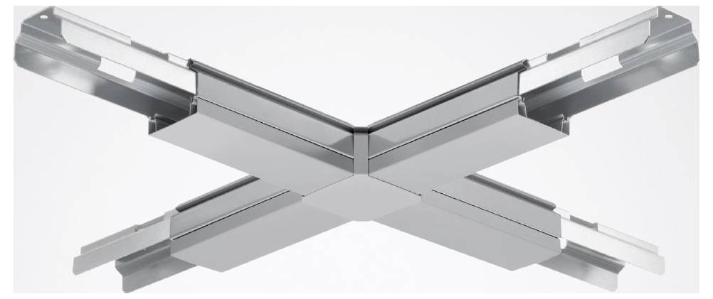 'X-oblik metalni nosač sa utorima i kanalima, dizajniran za povezivanje i podupiranje struktura. Siva metalična završna obrada na svim stranama.'