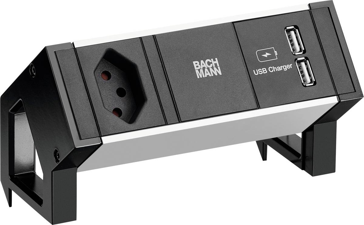 Crna Bachmann stolna utičnica s jednom utičnicom i dva USB priključka za punjenje, nagnuta na postolju.