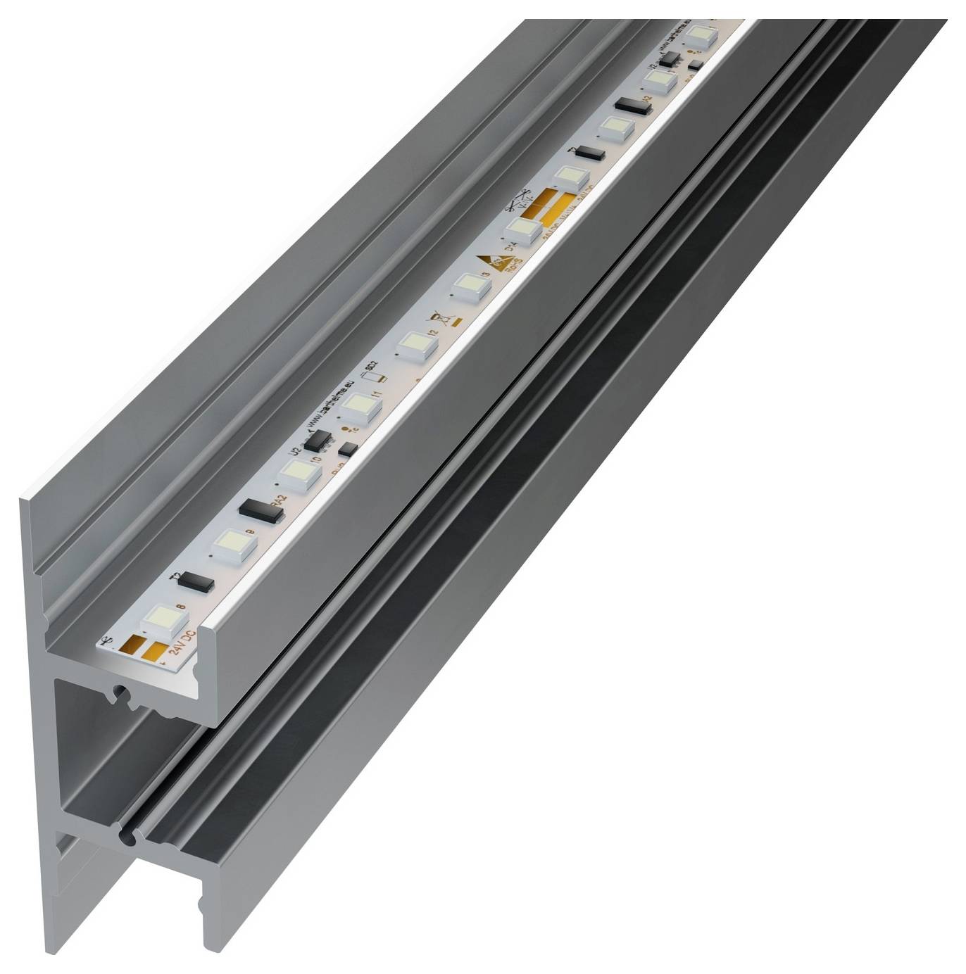 'Aluminijski profilni kanal sa LED trakastim svjetlom prikladan za aplikacije ugrađenog osvjetljenja.'