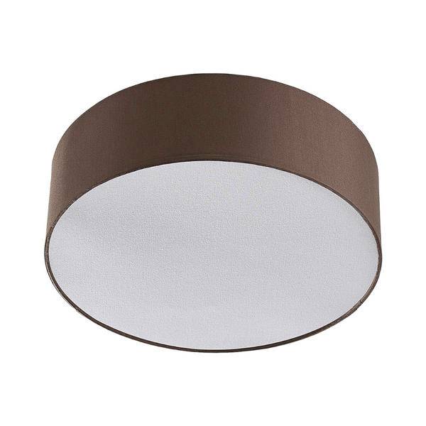 Okrugla smeđa stropna lampa s bijelim difuzor, prikazana na bijeloj pozadini.