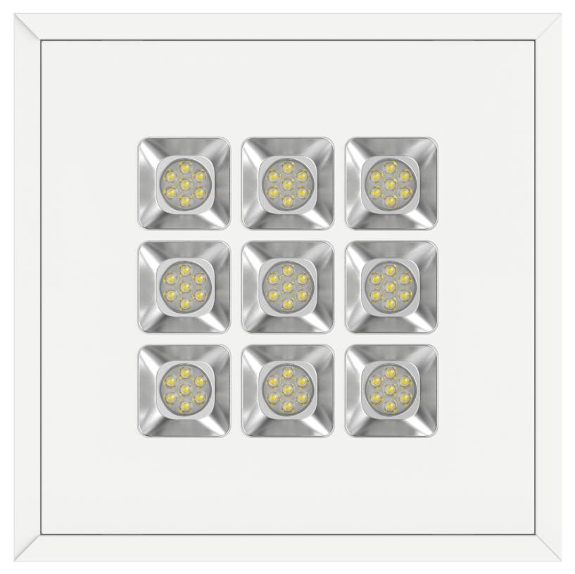 Kvadratna ugrađena LED panel s devet malih svjetala raspoređenih u mreži 3x3 na bijeli površini.