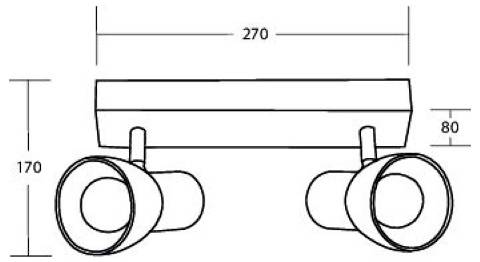 Tehnički crtež dvosvetiljke, koji prikazuje frontalni pregled s dva cilindričnog reflektora montirana ispod vodoravne šipke, dimenzionirana na 270 mm širine, 170 mm visine i 80 mm dubine.