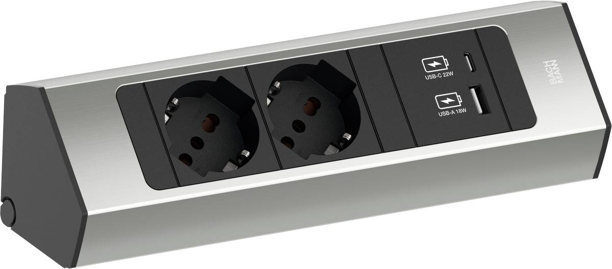 Srebrni i crni trakasti razdelnik sa dva europska utičnica i dva USB porta za punjenje.