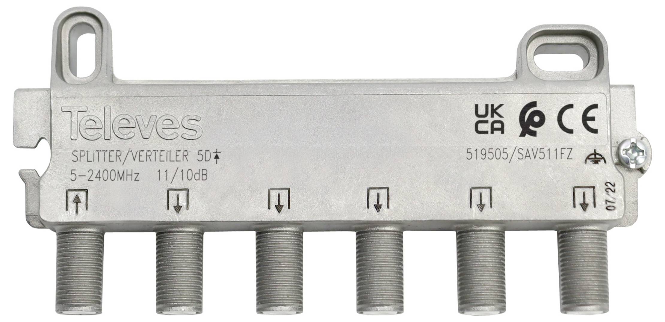 Šesterostruki signal splitter s frekventnim rasponom od 5-2400 MHz, ocjena od 11/10 dB i višestrukim certifikacijskim logotipima na metalnoj kućištu.