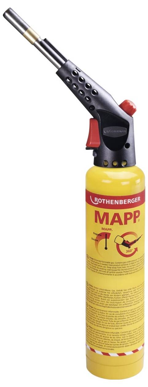 Žuti Rothenberger MAPP plinski plamenik s crvenim okidačem i sigurnosnom zaključavanjem, korišten za visoktemperaturne primjene poput lemljenja.