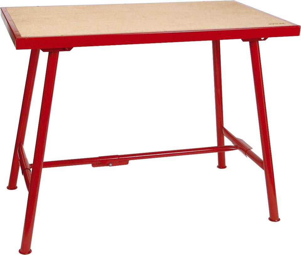 Crveni metalni radni stol sa svetlom drvenom površinom i kosim nogama, prikazan na ravnoj beloj pozadini.