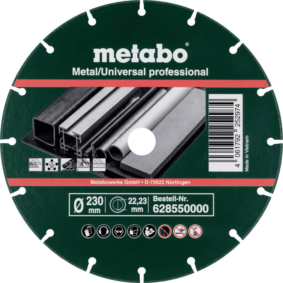 Zeleni kružni list pile oznake 'Metabo Metal/Universal professional' za rezanje metala, veličine 230 mm, s detaljima proizvoda i barkod kodom.