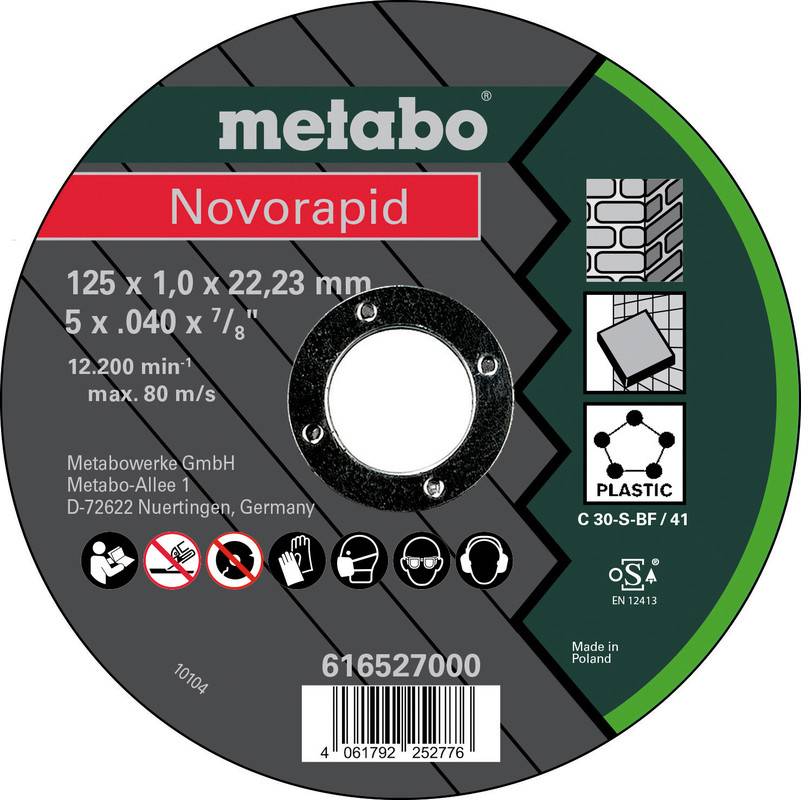 Metabo Novorapid brusni disk za rezanje, 125 x 1.0 x 22.23 mm, sa specifikacijama proizvoda, ikonama sigurnosti i bar kodom.