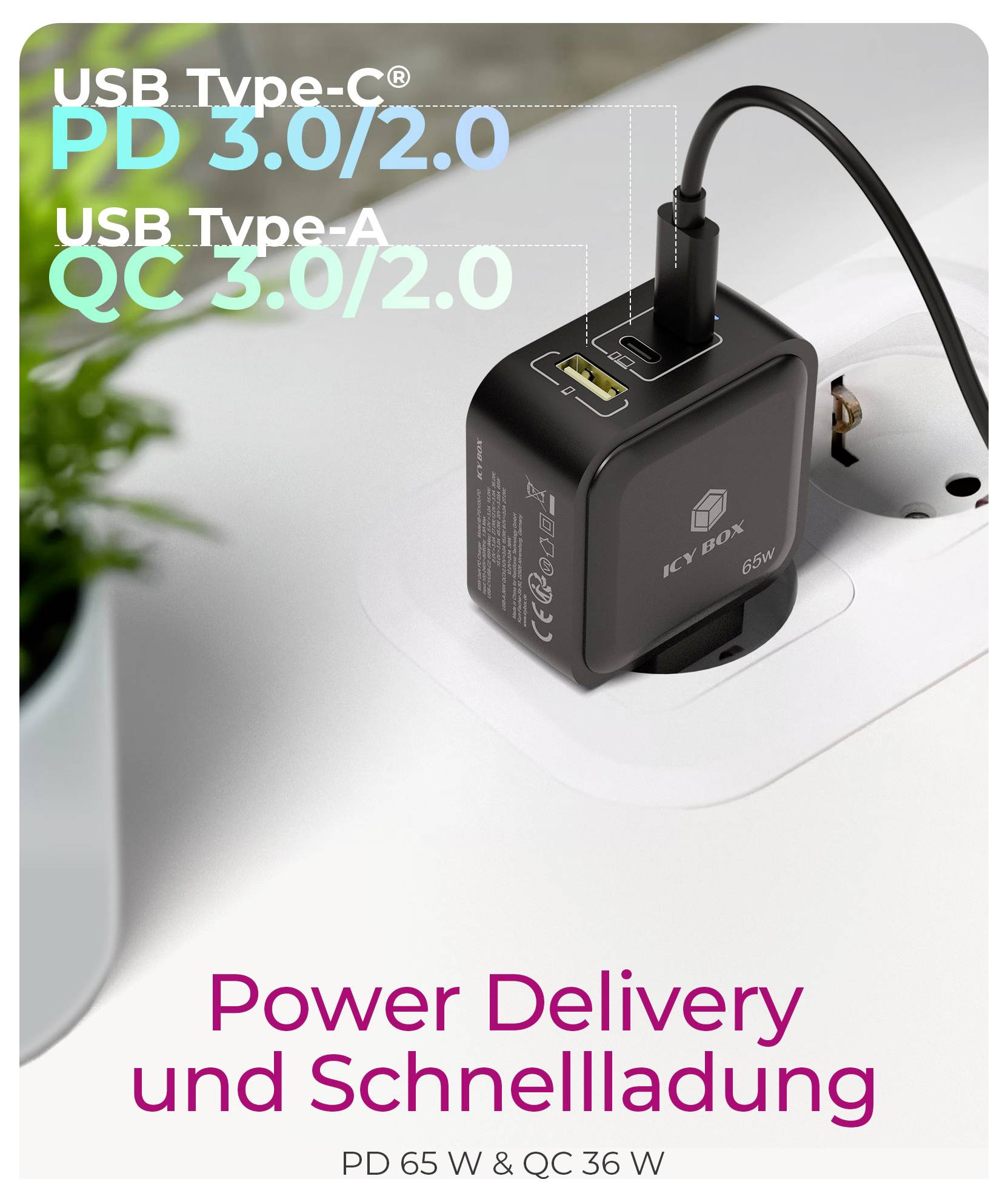 USB punjač u zidnoj utičnici s označenim USB izlazima: USB Type-C PD 3.0/2.0, USB Type-A QC 3.0/2.0. Tekst: Power Delivery i brzo punjenje PD 65 W i QC 36 W.