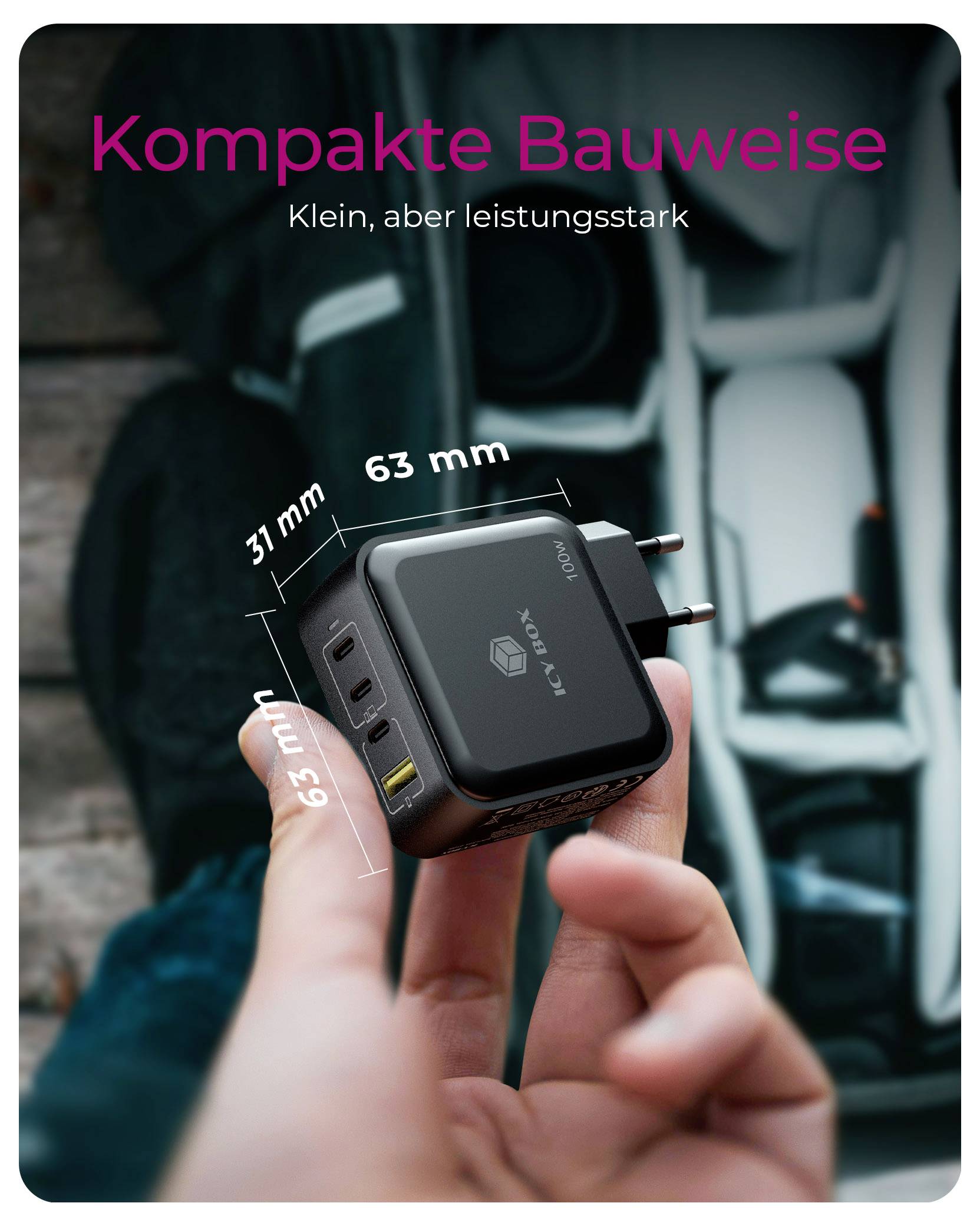 Mali kompaktni crni mrežni adapter veličine 31 mm x 63 mm koji se drži rukom. Tekst iznad glasi: Kompaktan dizajn - Mali, ali snažan.