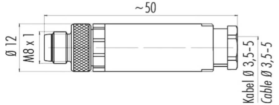 Tehnički crtež cilindričnog konektora obilježen dimenzijama: M8 x 1, promjer 12 mm, duljina approximately 50 mm; promjer kabela 3,5-5 mm.