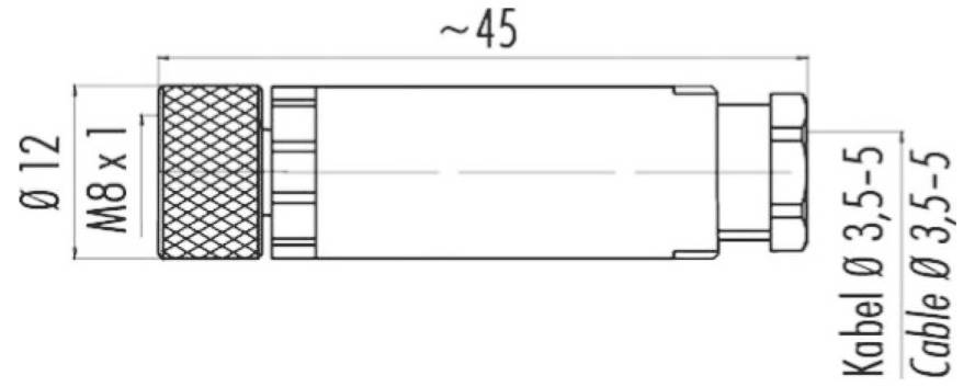 Slika je tehnički nacrt cilindričkog konektora. Dimenzije: otprilike 45 mm duljine, promjer 12 mm. M8 x 1 navoj. Promjer kabela 3,5-5 mm.