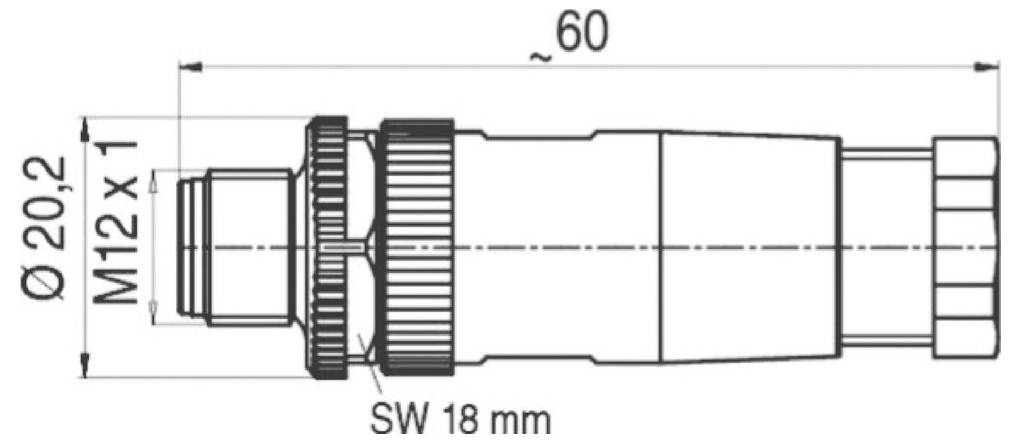 Tehnički dijagram M12 konektora s dimenzijama: duljina otprilike 60 mm, promjer 20,2 mm, a širina između ravnih strana 18 mm.