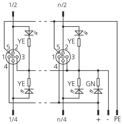 Ova shematska dijagram prikazuje električki krug s dva cilindrična konektora označena 1/2 i n/2, uključujući diode i otpornike.