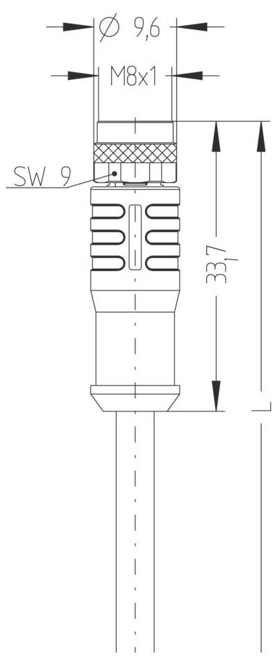 Tehnički crtež cilindričnog konektora s dimenzijama. Promjer je 9,6 mm, duljina 337 mm, a veličina navoja M8x1.