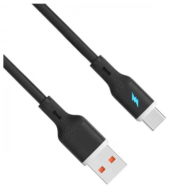 Crni USB-C punjački kabel s standardnim USB-A priključkom na jednom kraju i USB-C priključkom na drugom, koji ima ikonu munje.