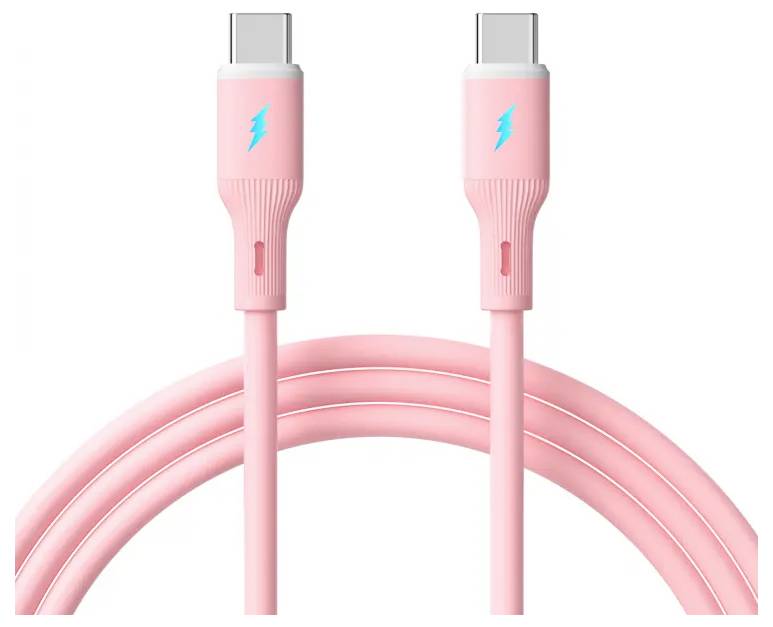 Rozi USB-C kabel s ikonama munje na priključcima, koji naznačava mogućnost brzog punjenja.