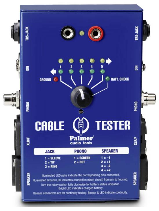Uređaj 'Palmer Cable Tester' s višestrukim ulaznim utičnicama za XLR, Phono i zvučničke kablove. Opremljen LED indikatorima za status povezivanja.