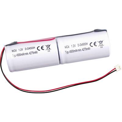 Dvije spojene bijele NiCd baterijske ćelije s crvenim i crnim vodičima, označene s '1.2V D-4500H' i '4500mAh'.