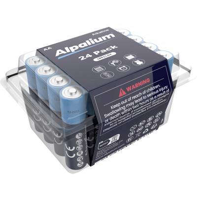 Paket od 24 AA Alpalium alkalne baterije u prozirnom pakiranju. Upozorenje na naljepki opominju od gutanja zbog rizika od ozljede.