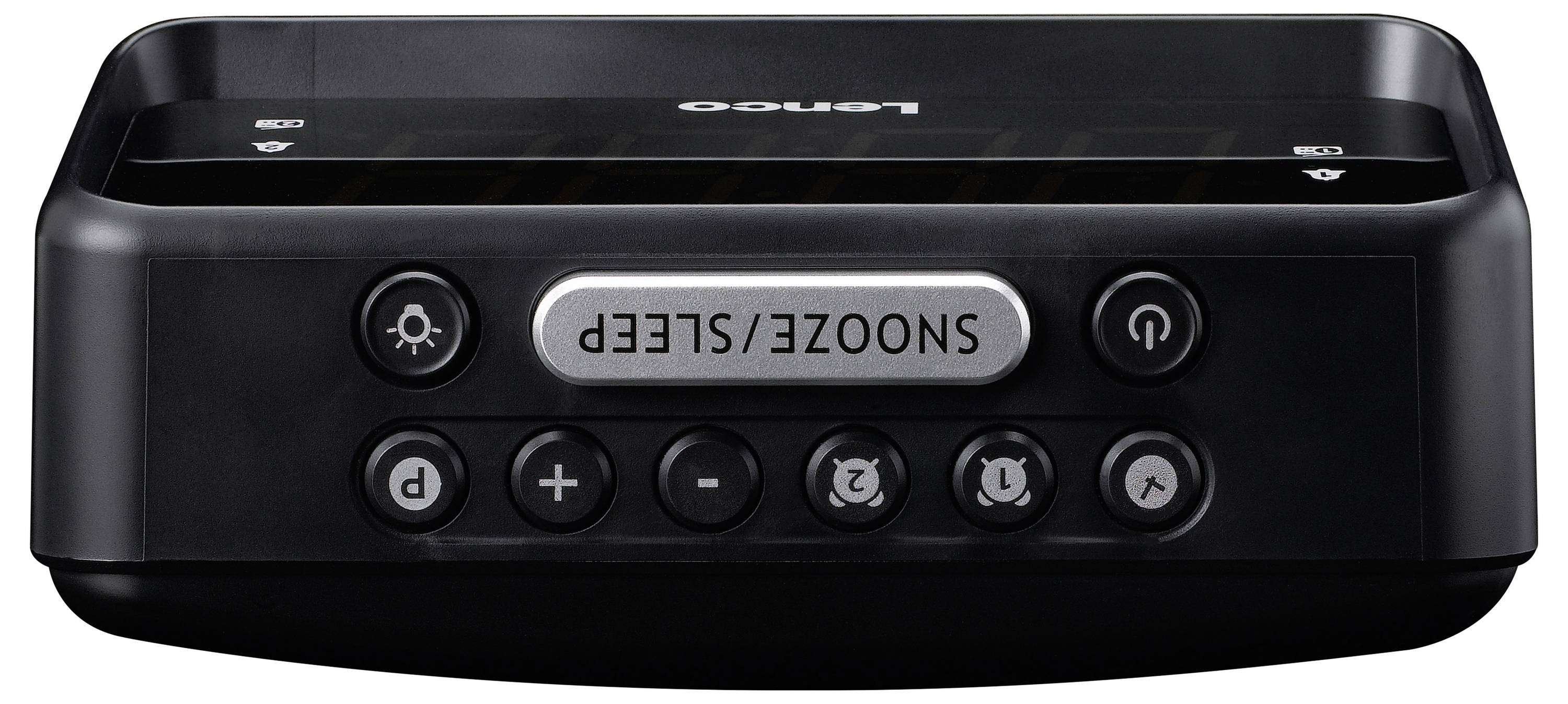 Slika prikazuje pogled odozgo na digitalni budilnik crne boje. Istaknuti gumbi uključuju 'Odgodu/Spavanje', napajanje te kontrole glasnoće.
