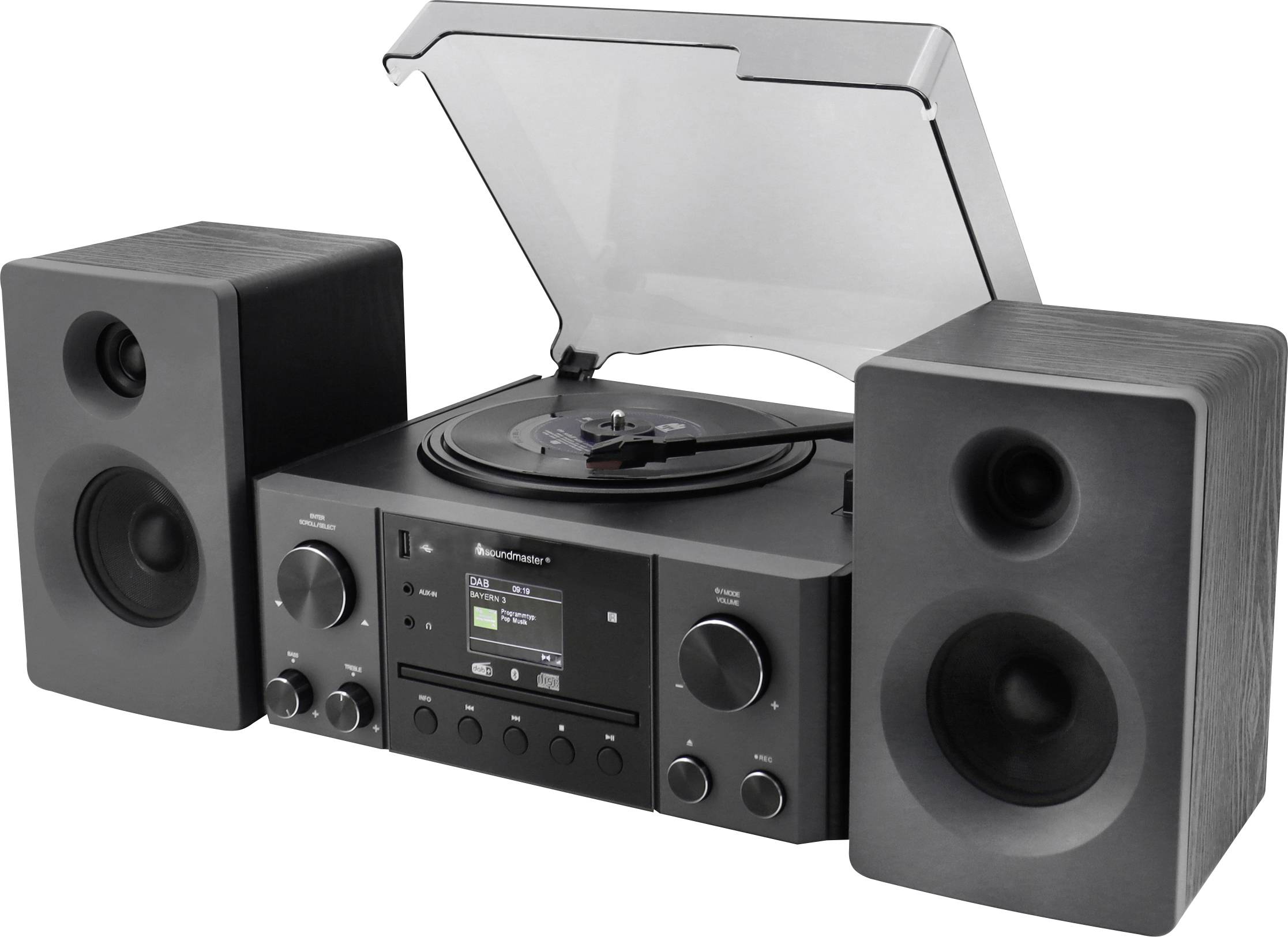 Stereo sustav s dva zvučnika, koji u središtu ima gramofon za vinilne ploče, podignuti poklopac i kontrolne gumbe na prednjoj ploči.