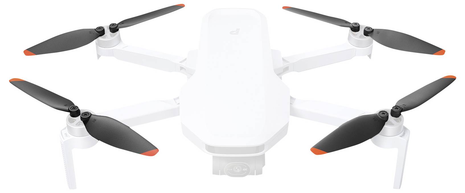 Bijeli quadcopter dron s crnim propelerima i narančastim vrhovima, viđen odozgo.