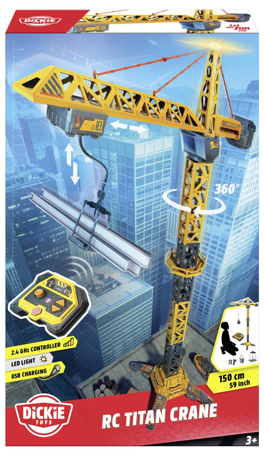 Igračka 'RC Titan Crane' ambalaža koja prikazuje veliki daljinski upravljani model dizalice iznad gradskog horizonta, s kontrolerom i isticanjem značajki.