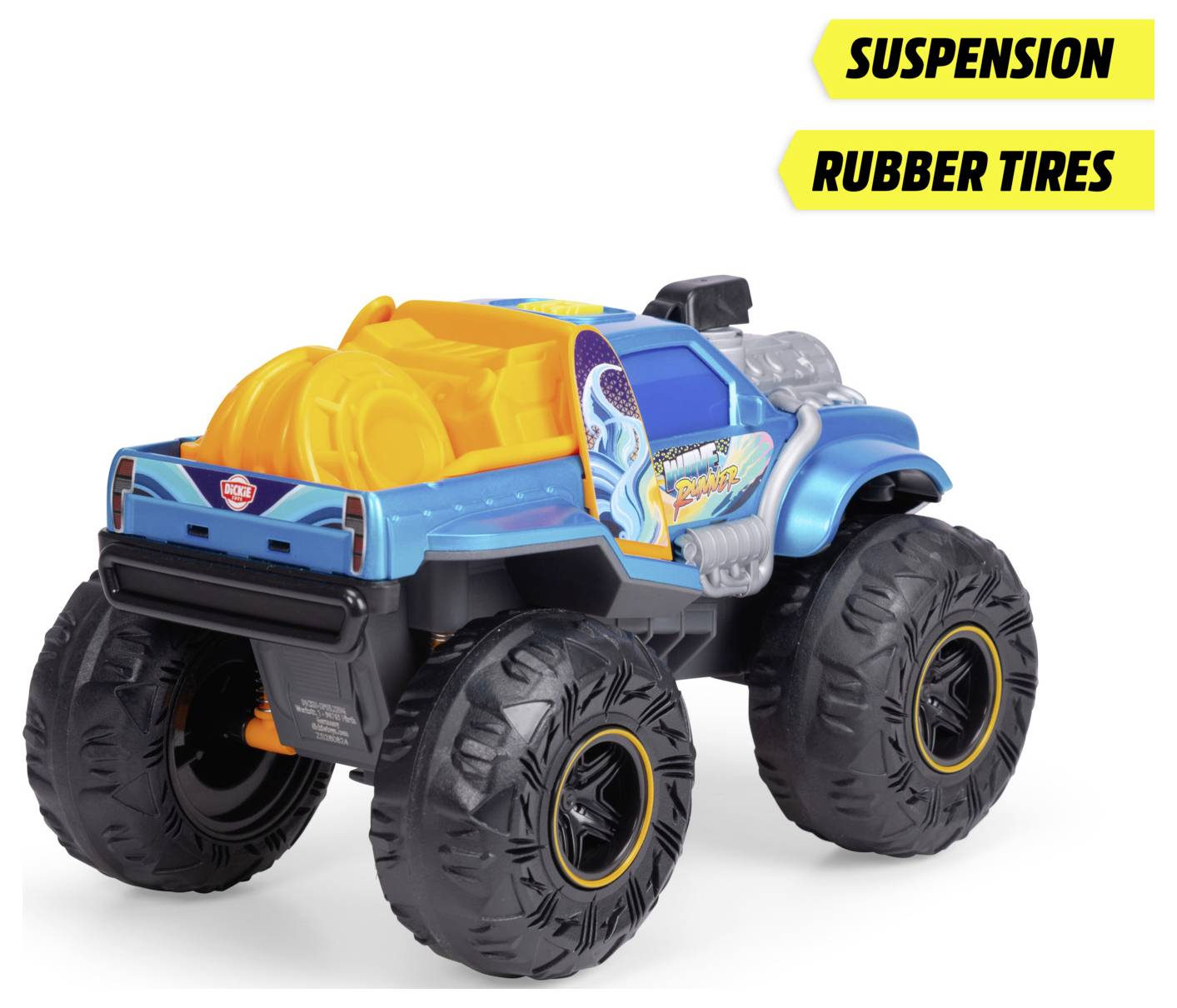 Igračka monster truck s velikim kotačima, u živopisnim bojama, označena natpisima 'Ovjes' i 'Gumene gume'.