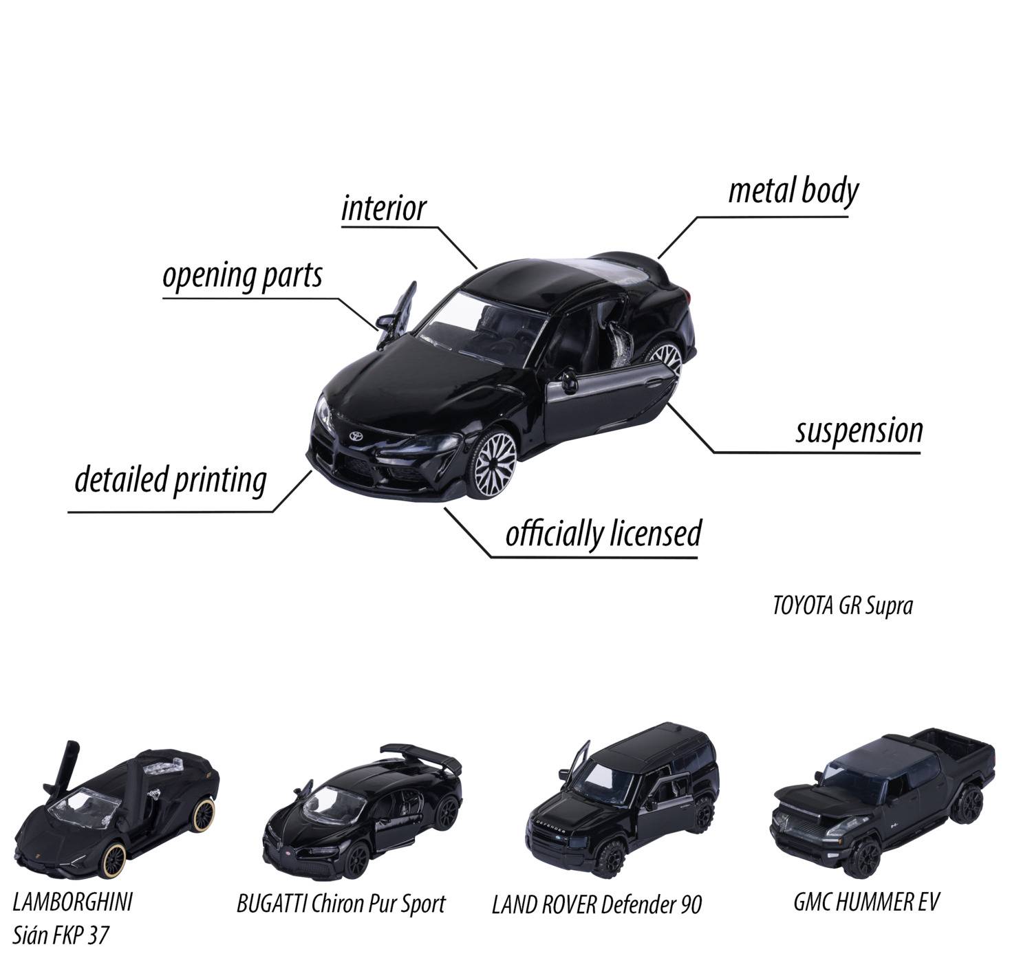 Zbirka službeno licenciranih crnih modela automobila s natpisima koji ističu karakteristike poput metalnog tijela, suspenzije, unutrašnjosti i otvorenih dijelova.