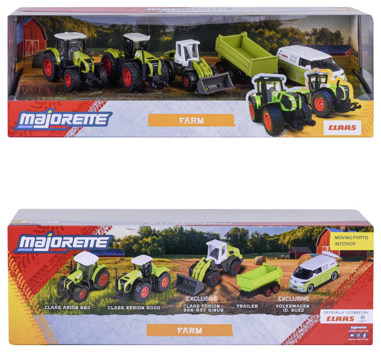 Set igračaka poljoprivrednih vozila uključuje traktore, prikolice i kombi vozilo s robnom markom istaknuto prikazanom na ambalaži.