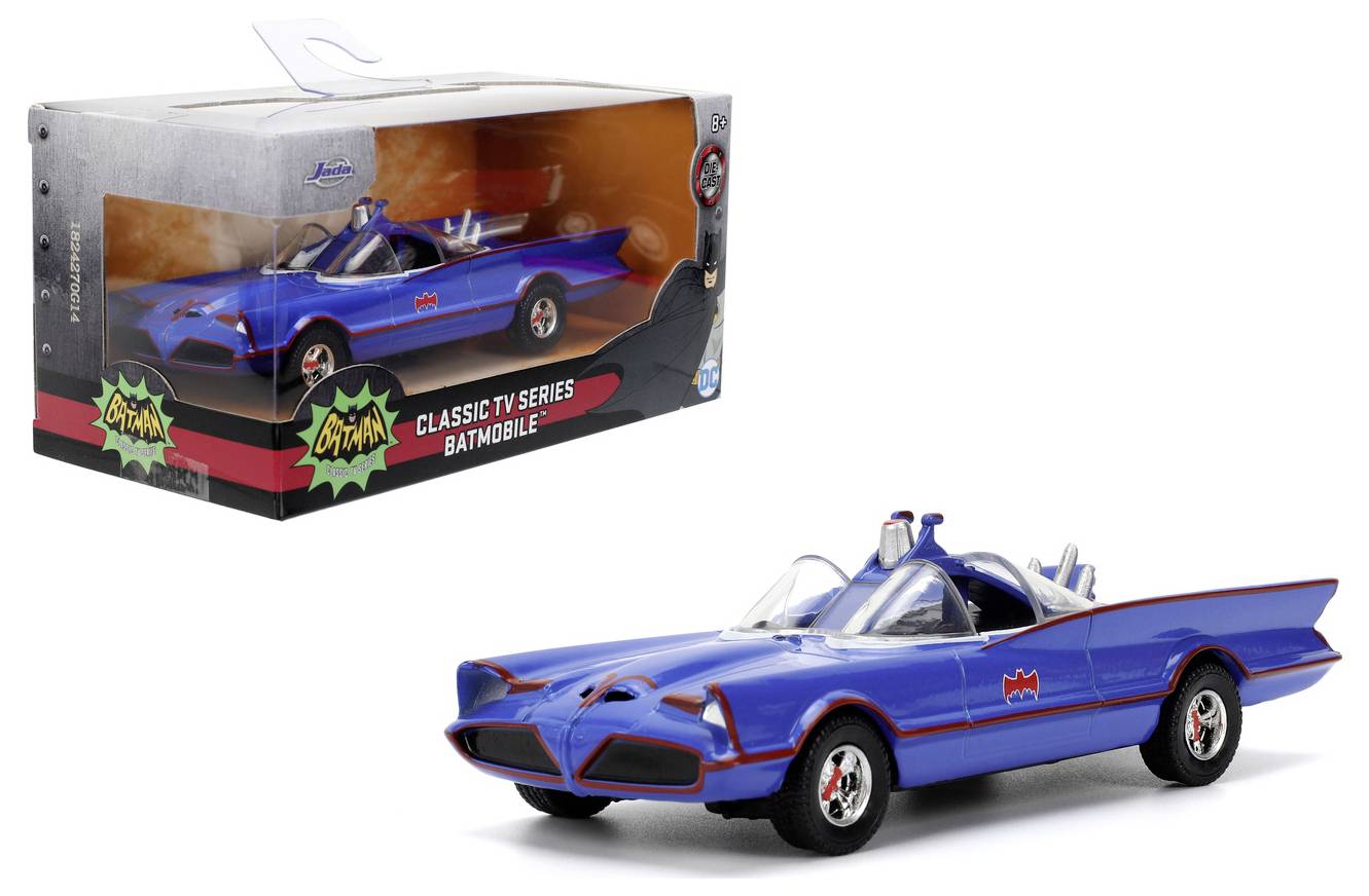 Model klasičnog Batmobila iz TV serije prikazan je zajedno s ambalažom. Automobil je plave boje s prepoznatljivim crvenim rubovima i detaljima.