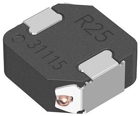 Elektronička komponenta označena kao 'R25'; crni, kvadratni čip s metalnim konektorima na dvije strane, koji sadrži mali bakarski odjeljak.