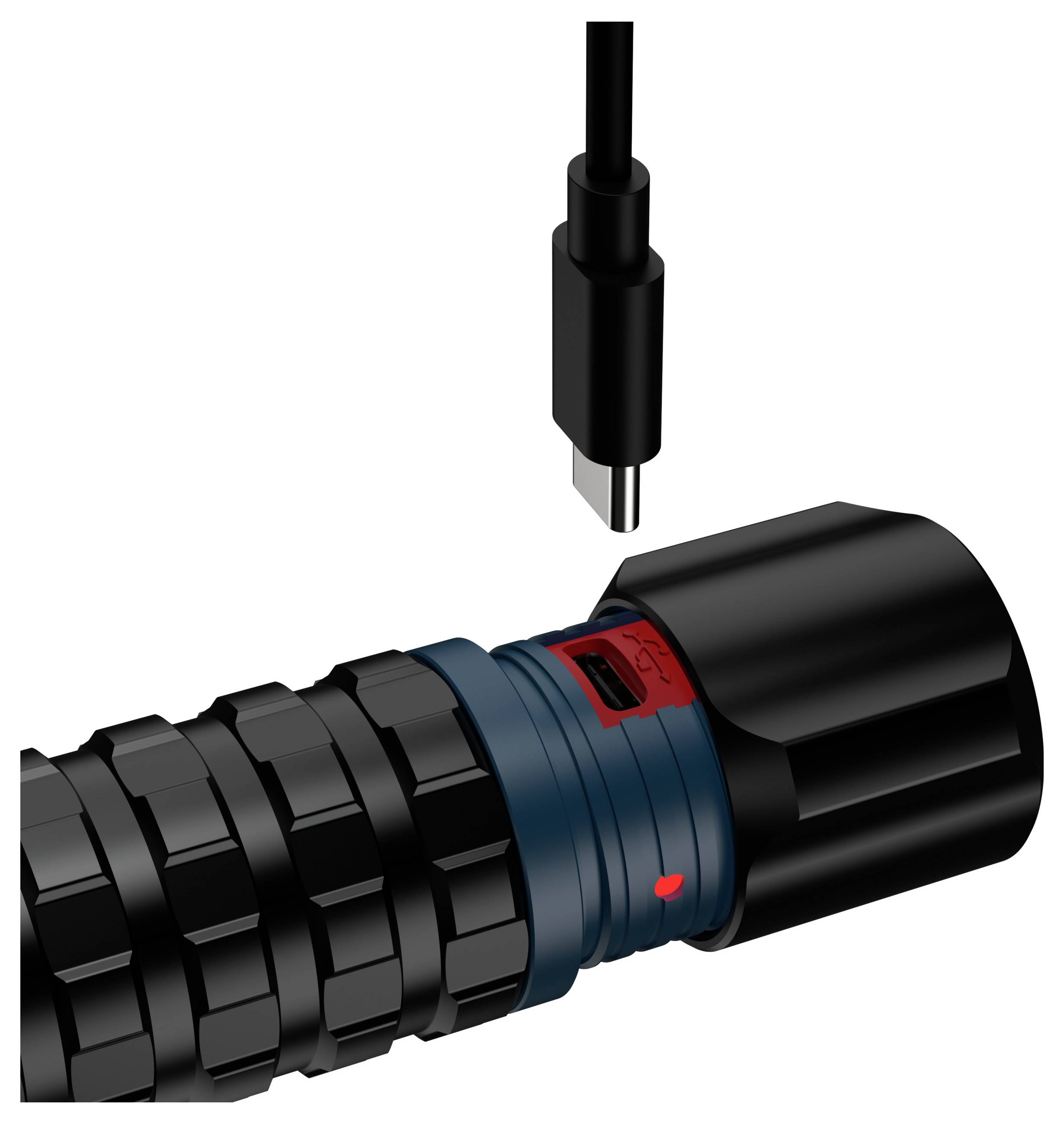'Ilustracija baterijske lampe s USB-C priključkom za punjenje, s prikazanim kabelom iznad, koji naznačava spremnost za spajanje.'