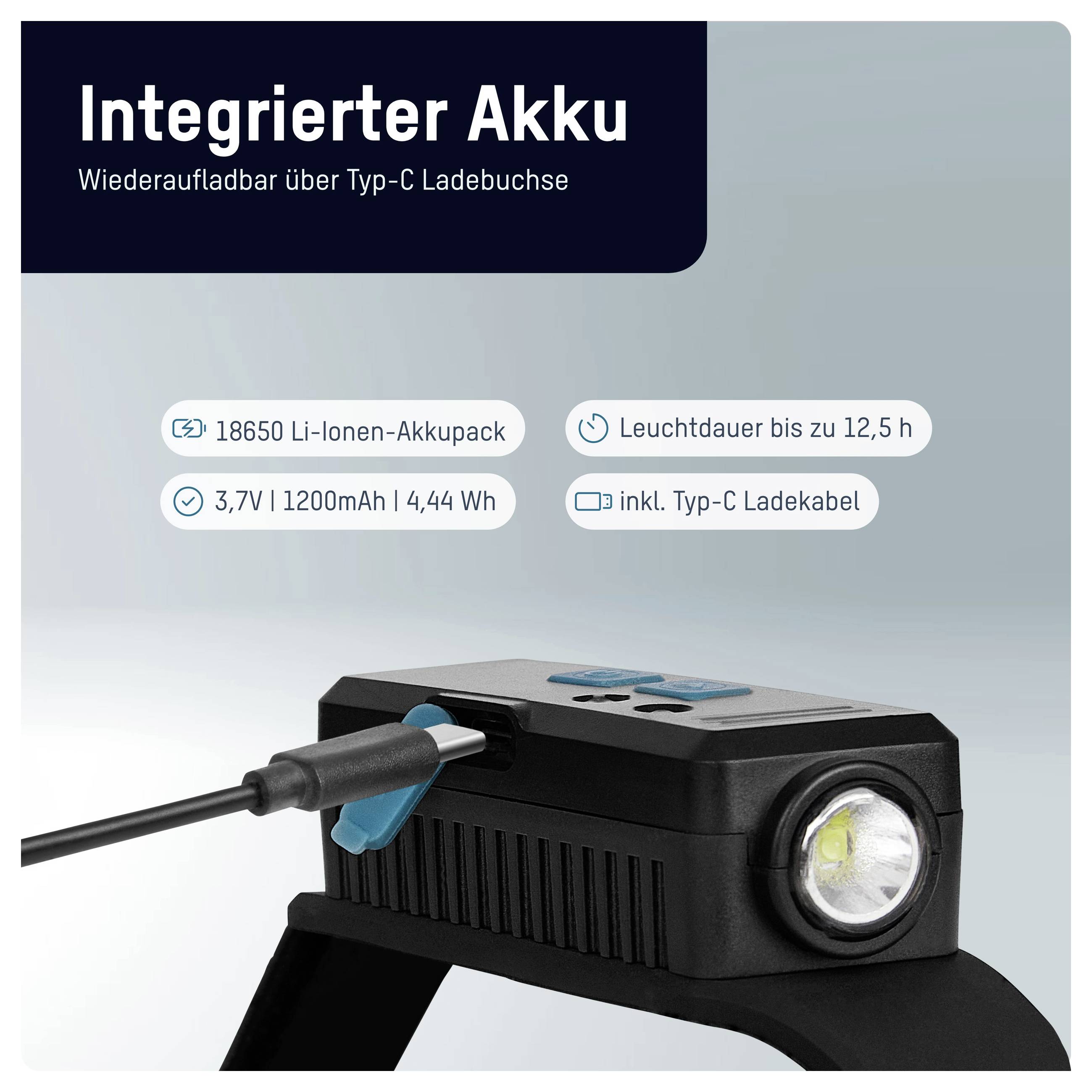 'Ručna LED lampa s integriranom baterijom, USB-C priključak za punjenje, vrijeme osvjetljenja do 12,5 sati, 3,7V, 1200mAh, 4,44 Wh.'