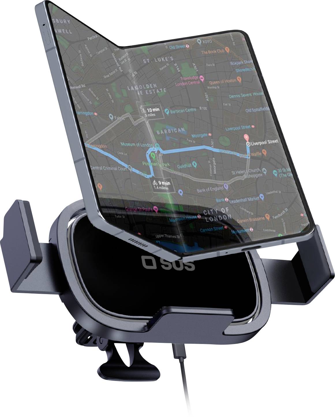 Pametni telefon montiran na držač za automobil prikazuje aplikaciju za navigaciju s kartom grada, na kojoj su naznačeni određeni rute i lokacijske oznake.