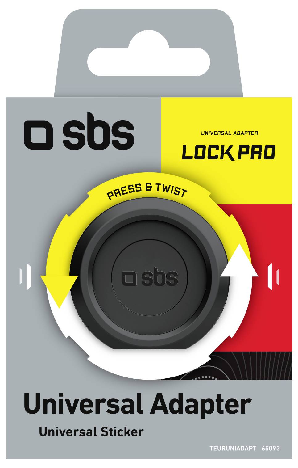 Pakiranja 'Universal Adapter Lock Pro' sa kružnom slikom adaptera. Upute: 'Pritisnite & Okrenite'. Uključuje brending 'sbs'.