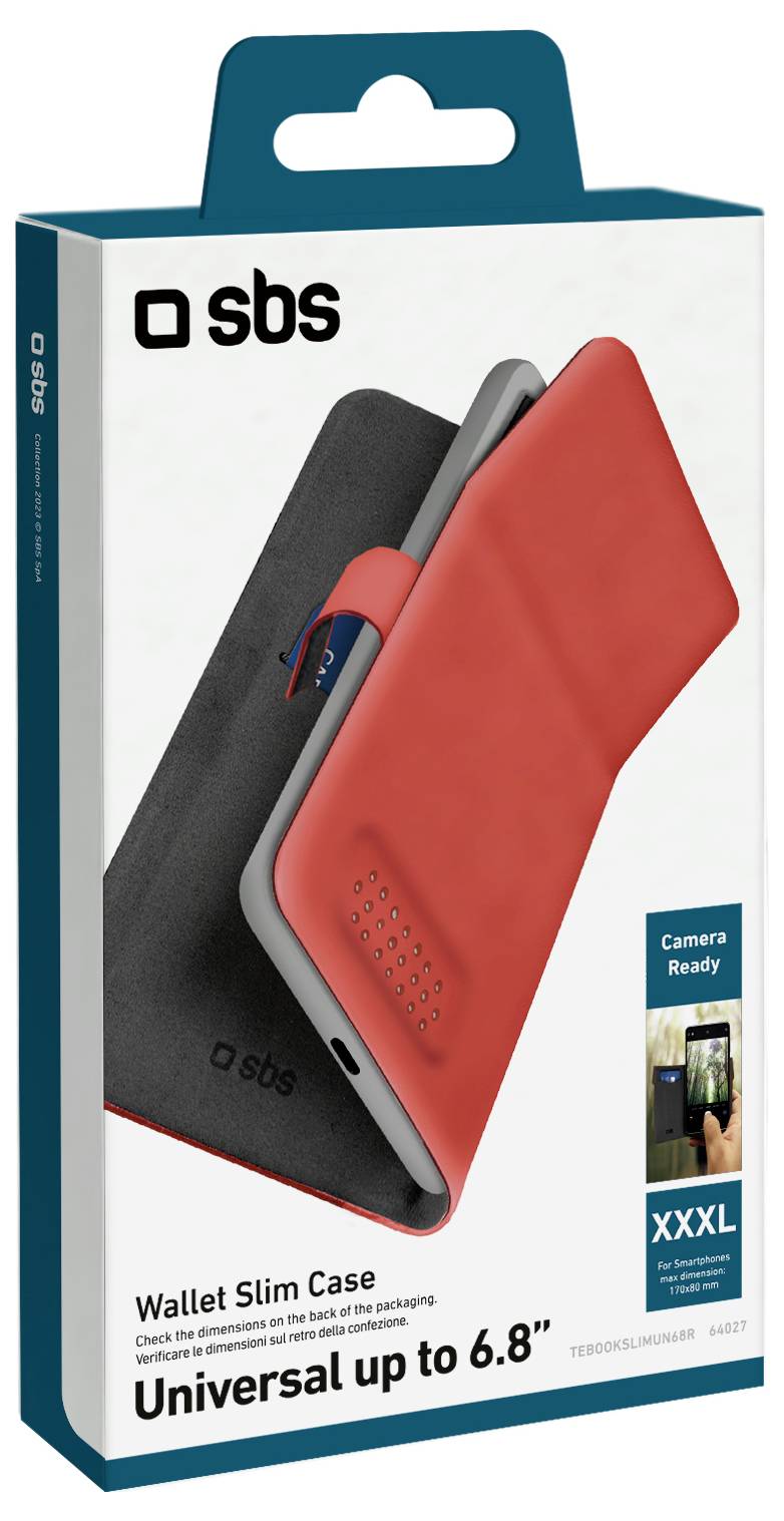 'Wallet Slim Case' ambalaža za univerzalne veličine pametnih telefona do 6,8 inča. Sadrži sliku telefona, oznaku 'Camera Ready' i logo marke.