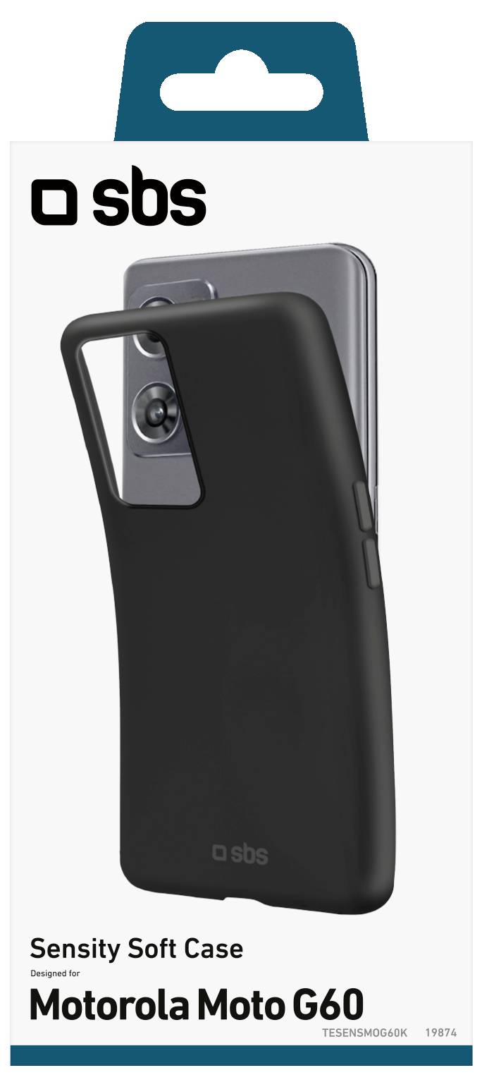 'Sensity torbica za Motorola Moto G60' pakovanje koje prikazuje crnu zaštitnu torbicu koja djelomično prekriva telefon, s detaljima brendiranja.