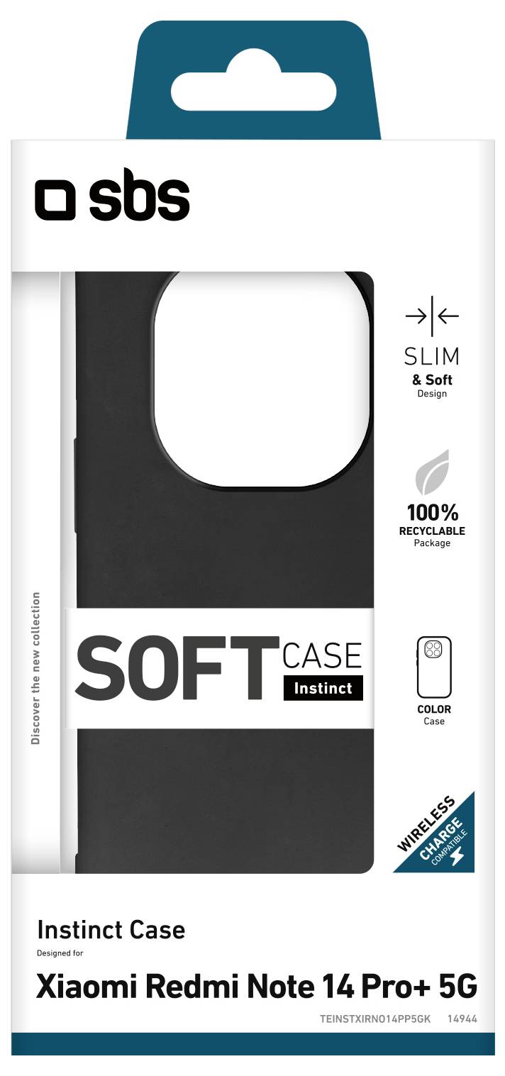 'Instinct Case' za Xiaomi Redmi Note 14 Pro+ 5G, crna, tanka i mekana, 100% reciklabilna ambalaža, podrška za bežično punjenje.