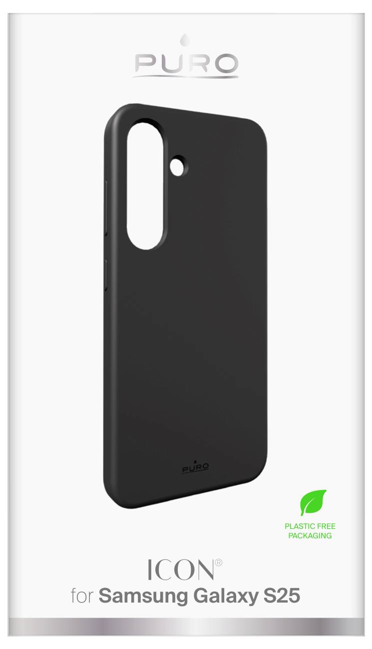 Crna futrola za telefon označena 'ICON za Samsung Galaxy S25' u ambalažu bez plastike, ističući ECO-prljavan aspekt.