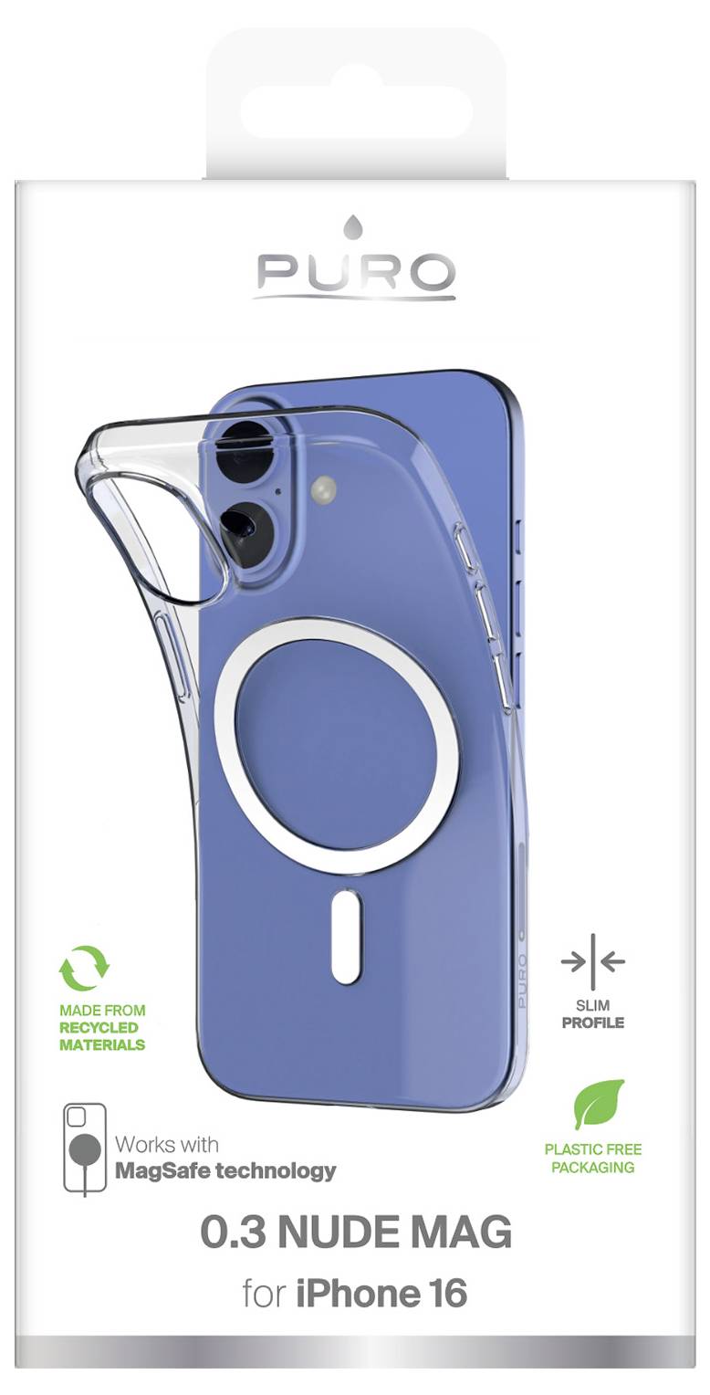 'iPhone 16 etui, Puro 0.3 Nude Mag, tanki profil, kompatibilno s MagSafe-om, izrađeno od recikliranih materijala, ambalaža bez plastike.'
