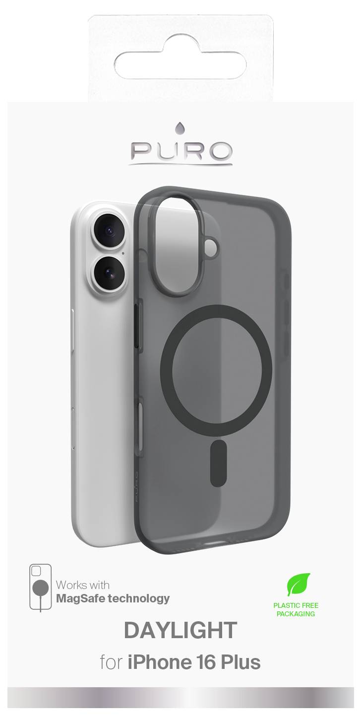 Futrola za iPhone 16 Plus kompatibilna s MagSafe-om, prikazana u kutiji s prozirnim prednjim dijelom i tamnim dizajnom prstena. Pakovanje bez plastike.