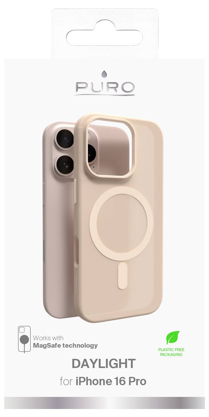 Pakiranje kućišta 'iPhone 16 Pro' predstavlja розово kućište kompatibilno s MagSafe tehnologijom, istaknuto brendom 'Daylight' i ekološki prihvatljivom ikonom.