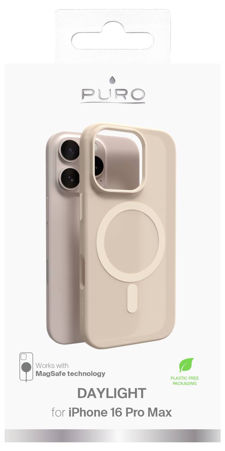 Futrola za telefon za iPhone 16 Pro Max, označena kao 'DAYLIGHT' tvrtke Puro, s MagSafe tehnologijom i ambalažom bez plastike.