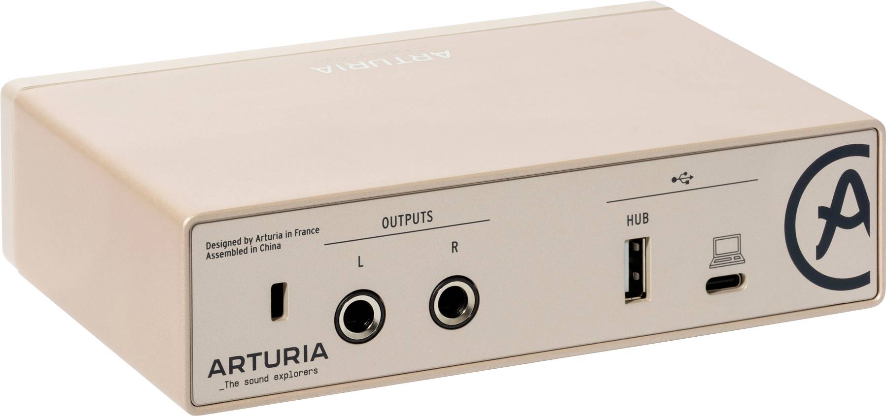Bež audio sučelje s logotipom 'Arturia'; sadrži izlaze, USB i napajanje portove.