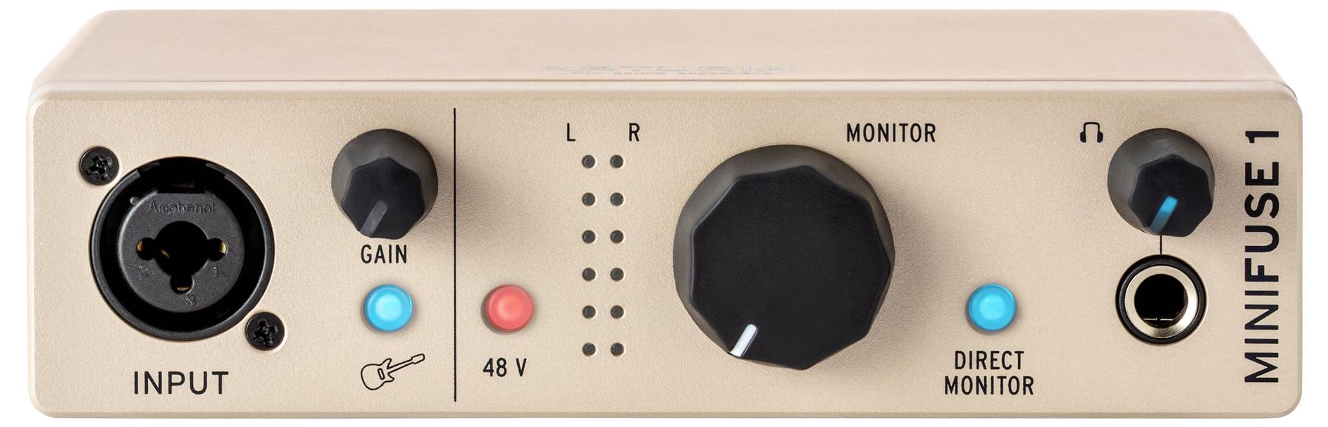 Audio sučelje koje prikazuje ulazni gumb za pojačanje, LED svjetla za lijevi/desni nivo, gumb za glasnoću monitora i ulaz za slušalice. Natpis glasi 'MINIFUSE 1'.