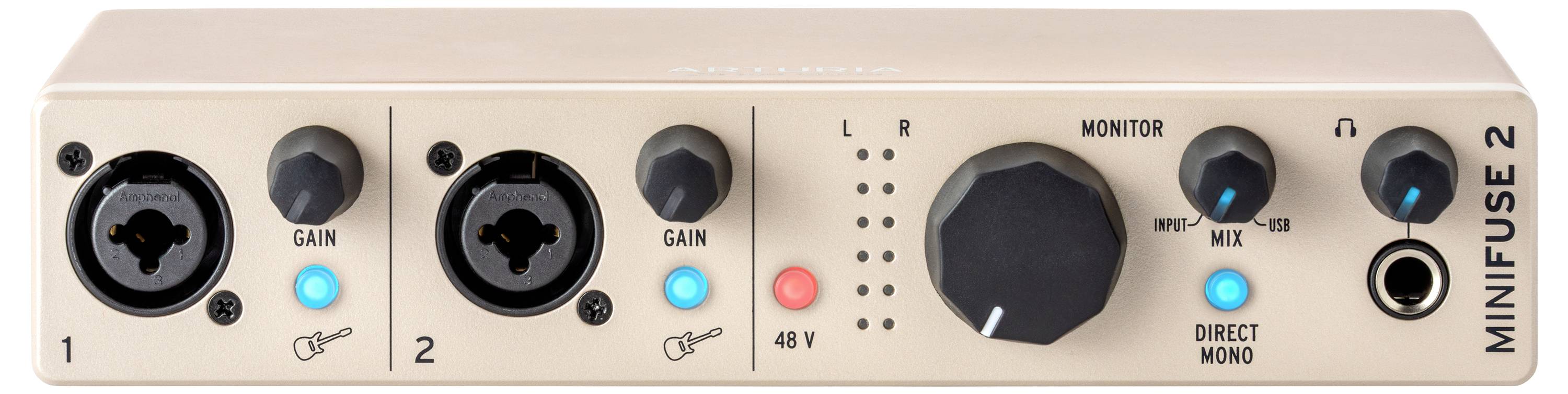 Audio sučelje s dva XLR ulaza, kontrolama pojačanja, regulatorom glasnoće monitora i izlazom za slušalice. Označeno kao 'MINIFUSE 2.'