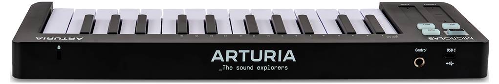 Arturia MIDI klavijatura s crnim kućištem i bijelim tipkama. Kontrole uključuju kotačiće za visinu tona i modulaciju, te dodatne gumbe s desne strane.
