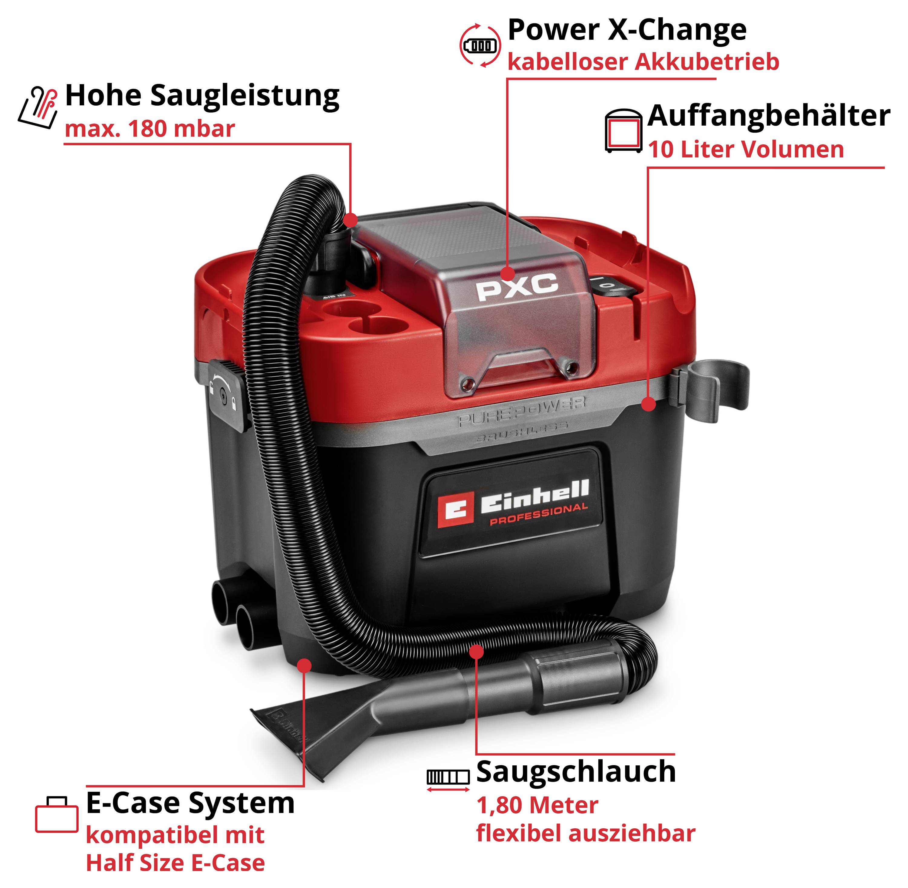 Einhell bežični usisavač za suho i mokro usisavanje napajan baterijom ima 180 mbar snage usisavanja. Opremljen je sabirnom posudom od 10 litara i kompatibilan je s Half Size E-Case kutijom.